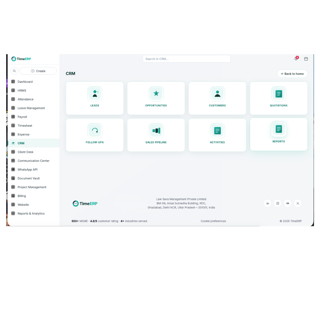 TIME ERP CRM dashboard with modules for leads, opportunities, customers, quotations, follow-ups, sales pipeline, activities, and reports