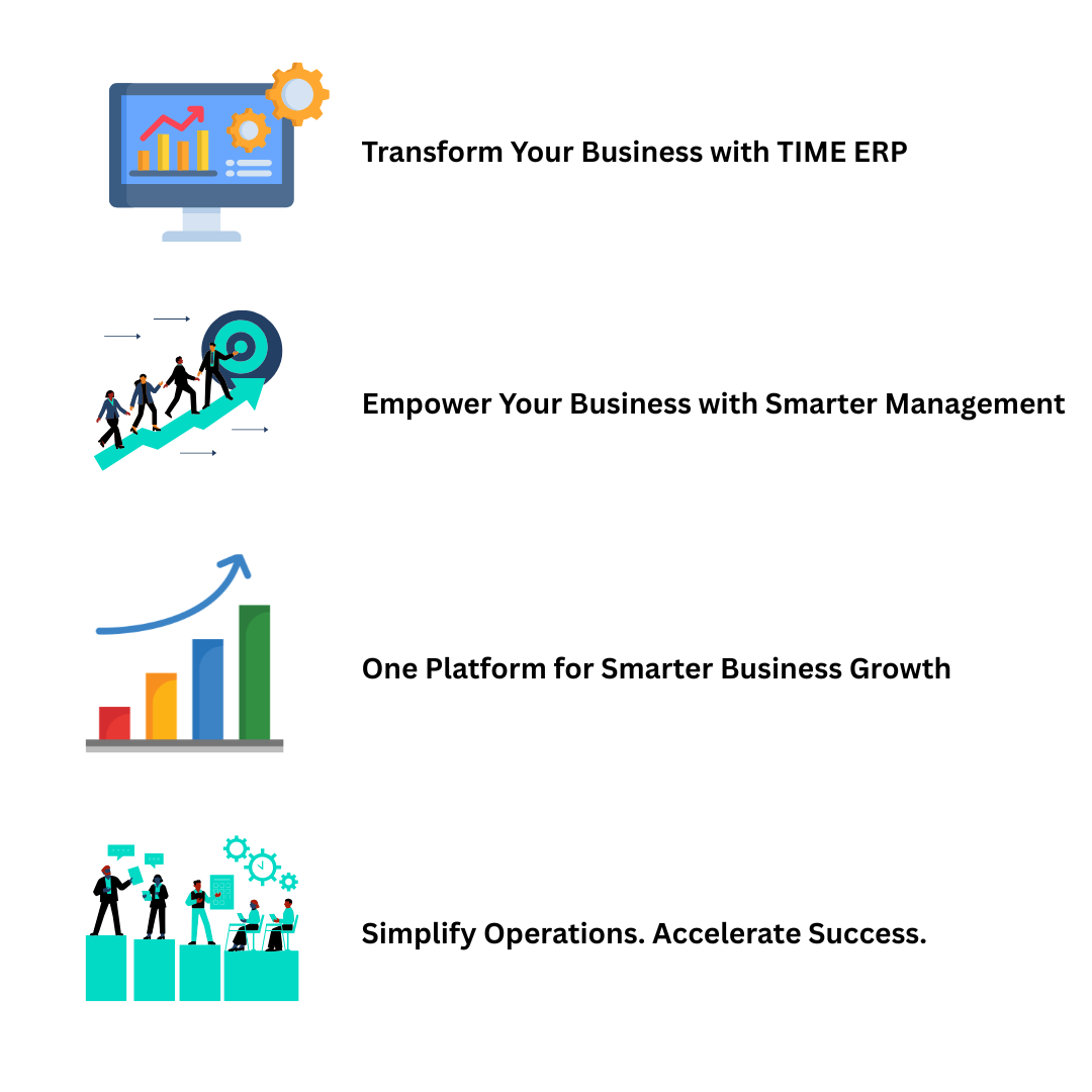 TIME ERP growth messages: transform your business, empower smarter management, one platform for growth, and simplify operations
